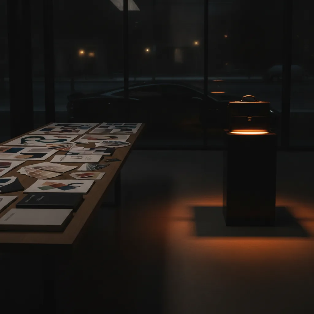 Glowing fractional CMO briefcase beside a dark table of branding mood boards and paint swatches in a car showroom: fractional CMO vs branding agency