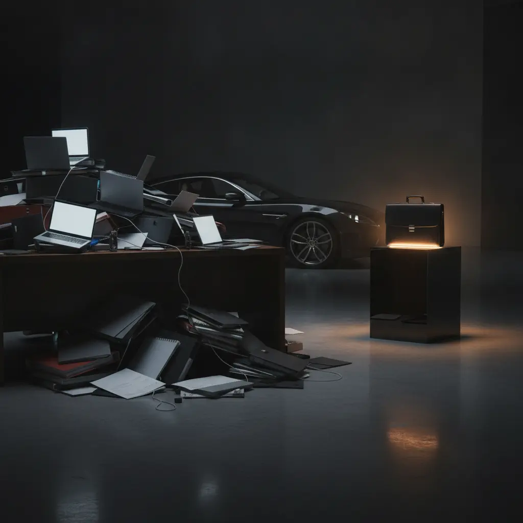 Fractional CMO briefcase versus agency folders in dark car showroom: dealership marketing comparison